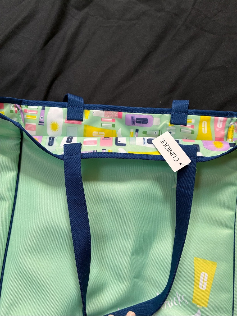 Clinique / Kate Spade Mint Green Tote with Blue Handles and Cosmetic Motif - Picture 2 of 5